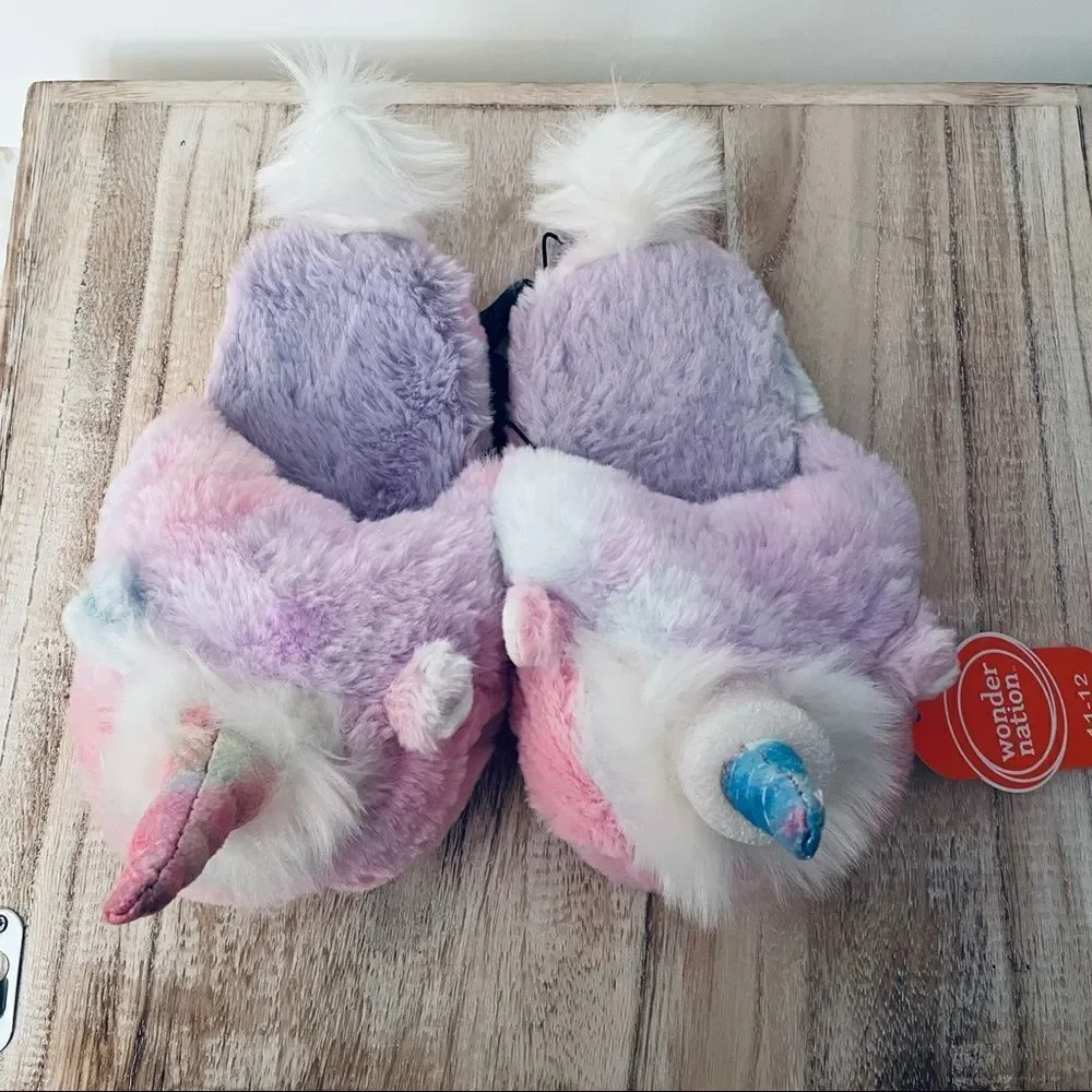NWT Wonder Nation Sz 11-12 Big Girl's Unicorn Scuff Pink,Lilac,Blue Slippers New